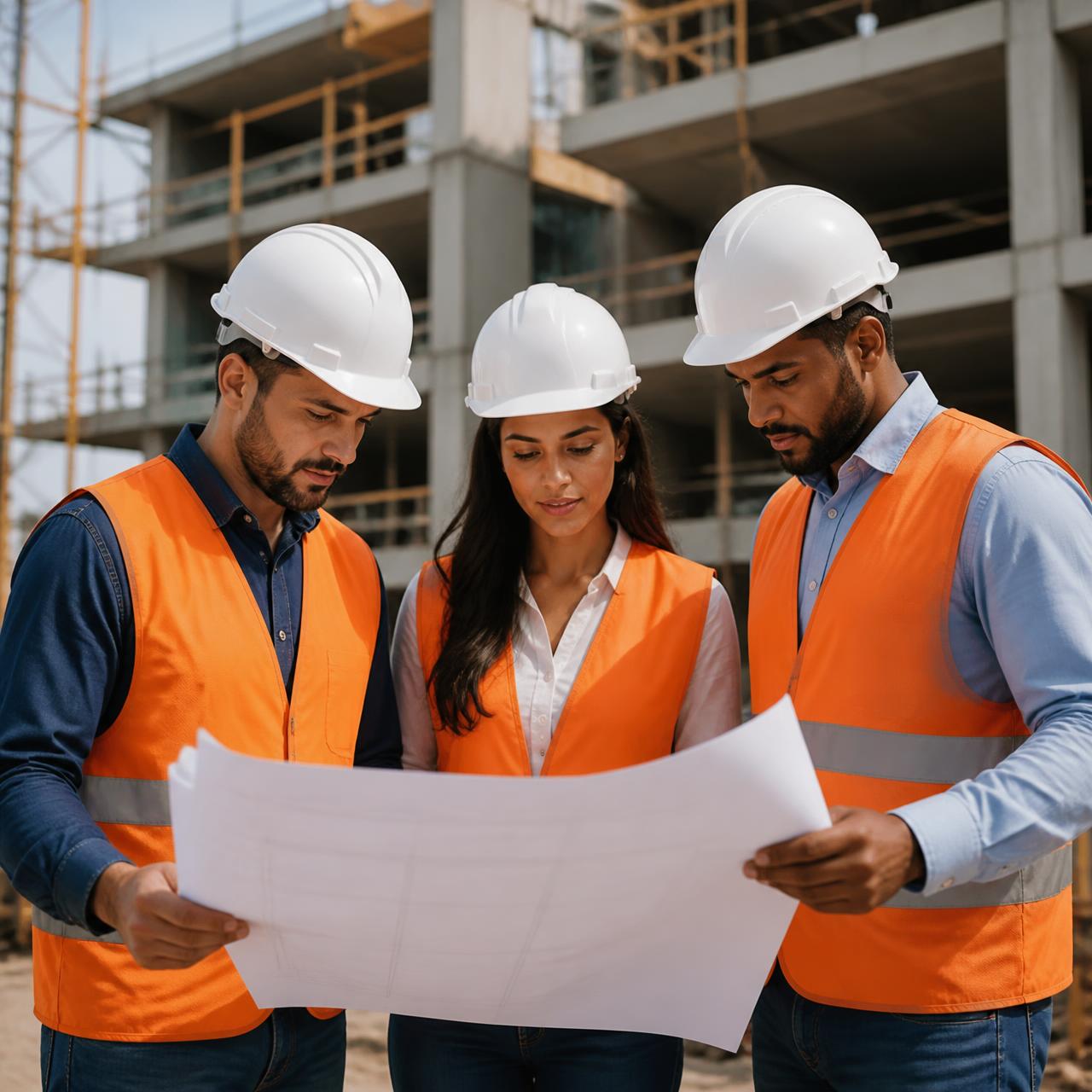 Equipe da FortSul Construtora — engenheiros e operários com capacetes e coletes de segurança